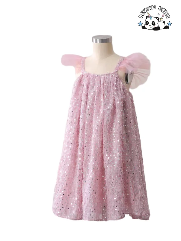 LEZONKIDS - Produto Novo da OEM Explosão Personalizado Sem Manga Rosa Brilho Lantejoulas Princesa Vestido para Menina